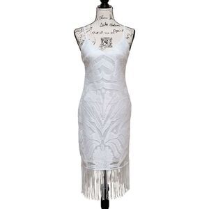 🤍 Eilly Bazar Fringe Hem V-Neck Sleeveless White Lace Dress SIZE S NWT